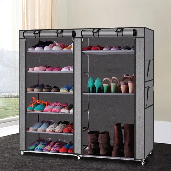 Double-Row Shoe Rack with Dust Cover - Gray