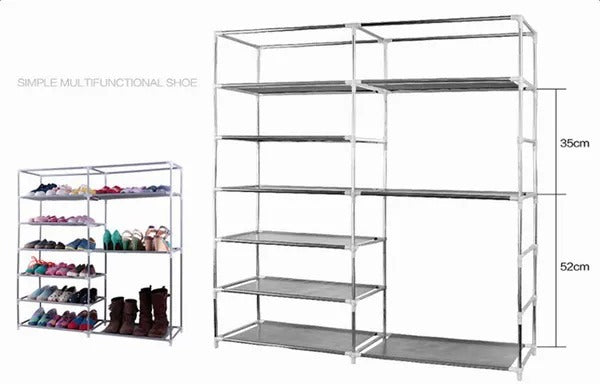 Double-Row Shoe Rack with Dust Cover - Gray
