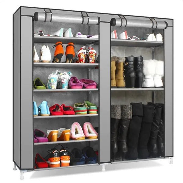 Double-Row Shoe Rack with Dust Cover - Gray