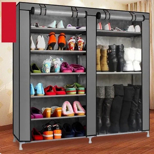 Double-Row Shoe Rack with Dust Cover - Gray