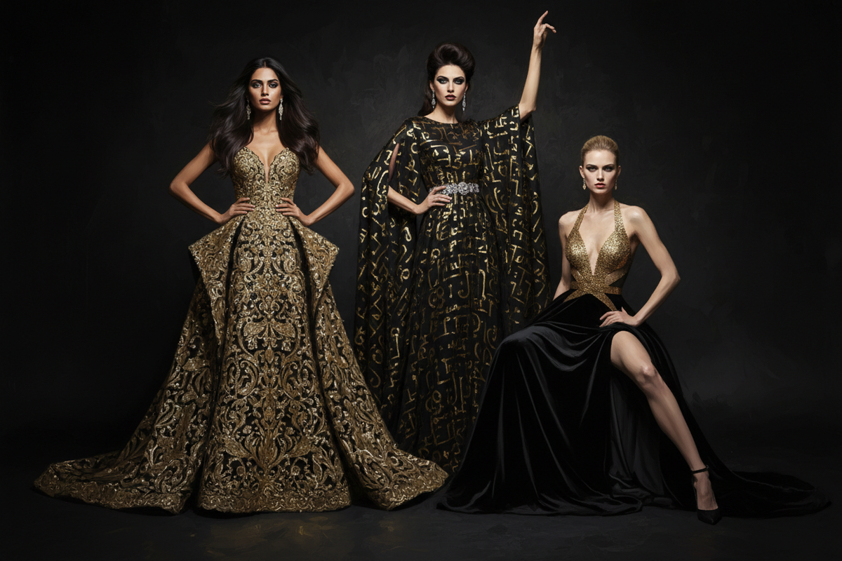 Jill Collection - women in elegant black and gold gowns